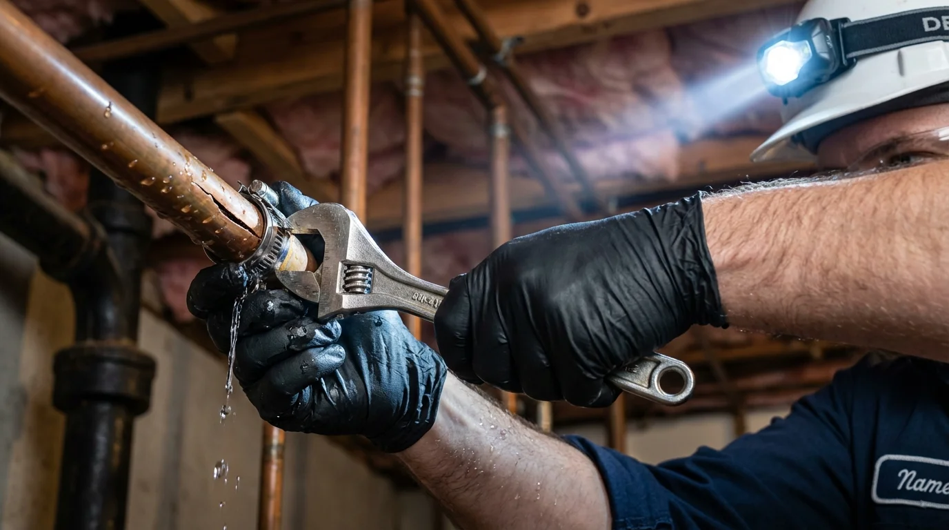 Emergency pipe clamp repair being performed by a Johns Plumbing LLC plumber in Wewahitchka
