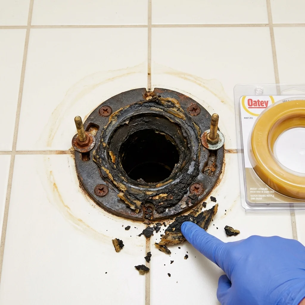 Failed wax ring showing water seepage at the base of a toilet in a Wewahitchka, FL home