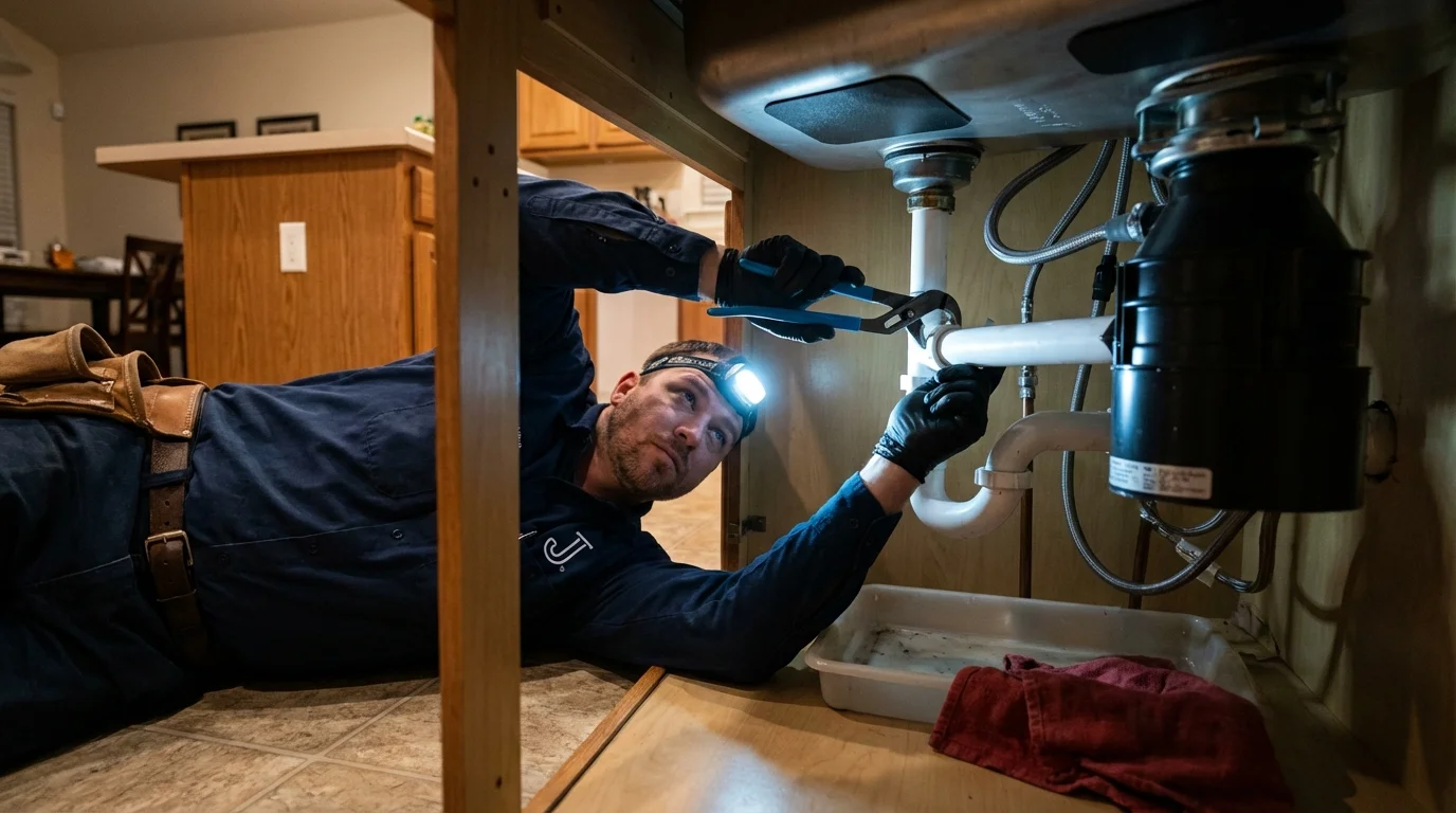 P-trap and supply line connections under a kitchen sink showing a common leak point in Wewahitchka, FL